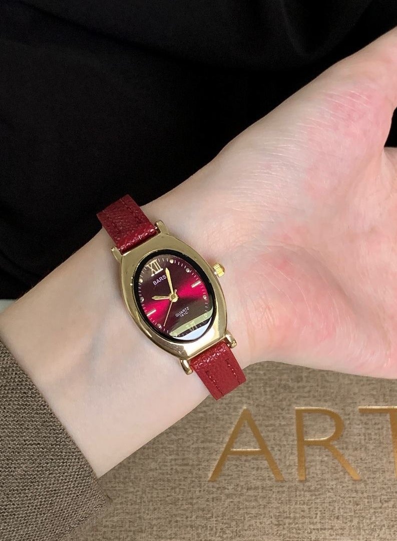 Barsh Women's Vintage Oval Watch - Gold Case with Burgundy Leather Strap & Red Dial | Elegant Casual Wristwatch - Image 2