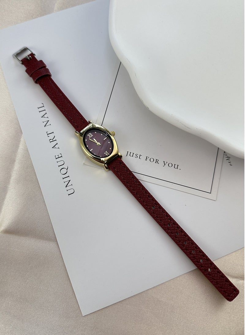 Barsh Women's Vintage Oval Watch - Gold Case with Burgundy Leather Strap & Red Dial | Elegant Casual Wristwatch - Image 3