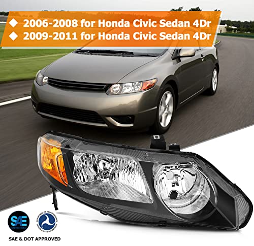 LBRST Headlight Assembly For Honda Civic Sedan 4-Door 2006-2011 Black Housing Amber Reflector Clear Lens Driver and Passenger Side Headlamp - Image 2