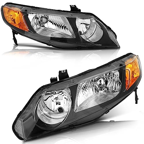 LBRST Headlight Assembly For Honda Civic Sedan 4-Door 2006-2011 Black Housing Amber Reflector Clear Lens Driver and Passenger Side Headlamp - Image 1