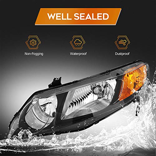 LBRST Headlight Assembly For Honda Civic Sedan 4-Door 2006-2011 Black Housing Amber Reflector Clear Lens Driver and Passenger Side Headlamp - Image 4
