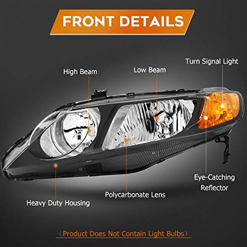 LBRST Headlight Assembly For Honda Civic Sedan 4-Door 2006-2011 Black Housing Amber Reflector Clear Lens Driver and Passenger Side Headlamp - Image 3