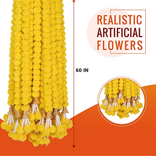 DIYANA IMPEX Marigold Garland for Decoration 5 Pcs of 5 feet Long Strands Artificial Marigold Flowers with Bell, Indian Décor for Pooja/Diwali/Wedding/Christmas (Yellow) - Image 2