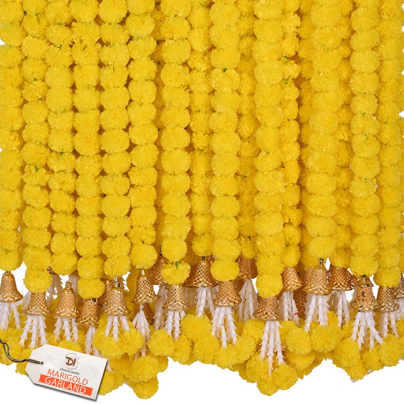 DIYANA IMPEX Marigold Garland for Decoration 5 Pcs of 5 feet Long Strands Artificial Marigold Flowers with Bell, Indian Décor for Pooja/Diwali/Wedding/Christmas (Yellow) - Image 4