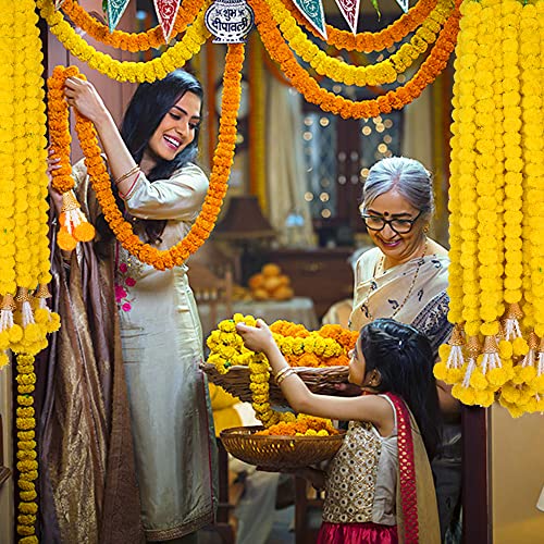 DIYANA IMPEX Marigold Garland for Decoration 5 Pcs of 5 feet Long Strands Artificial Marigold Flowers with Bell, Indian Décor for Pooja/Diwali/Wedding/Christmas (Yellow) - Image 3
