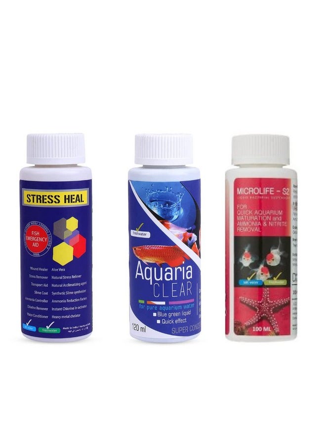 VAYINATO Aquatic Remedies Aquarium Fish Tank Must Have Starter Combo (Stress Heal + Aquaria Clear + Microlife S2) 3 * 100 Ml - 3 Pcs Combo Starter Pack  - Image 1