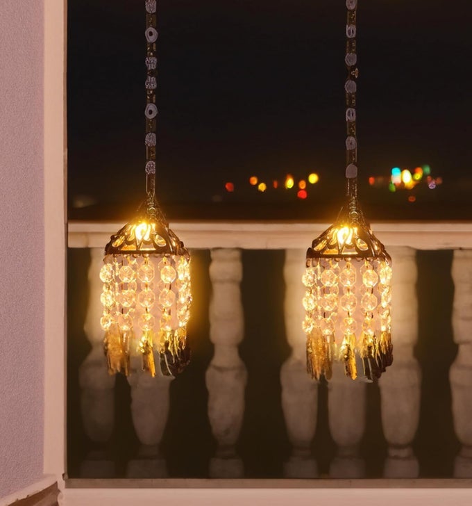 COMBO OF 2 HANGING JHUMAR LED WARM WHITE COLOR LIGHT FOR MAIN DOOR WINDOW IN GOLDEN BODY FOR DECORATION FESTIVAL PARTY AND RELIGIOUS PLACE DIWALI HOLI SMALL SQUARE FLOWER PACK OF 2