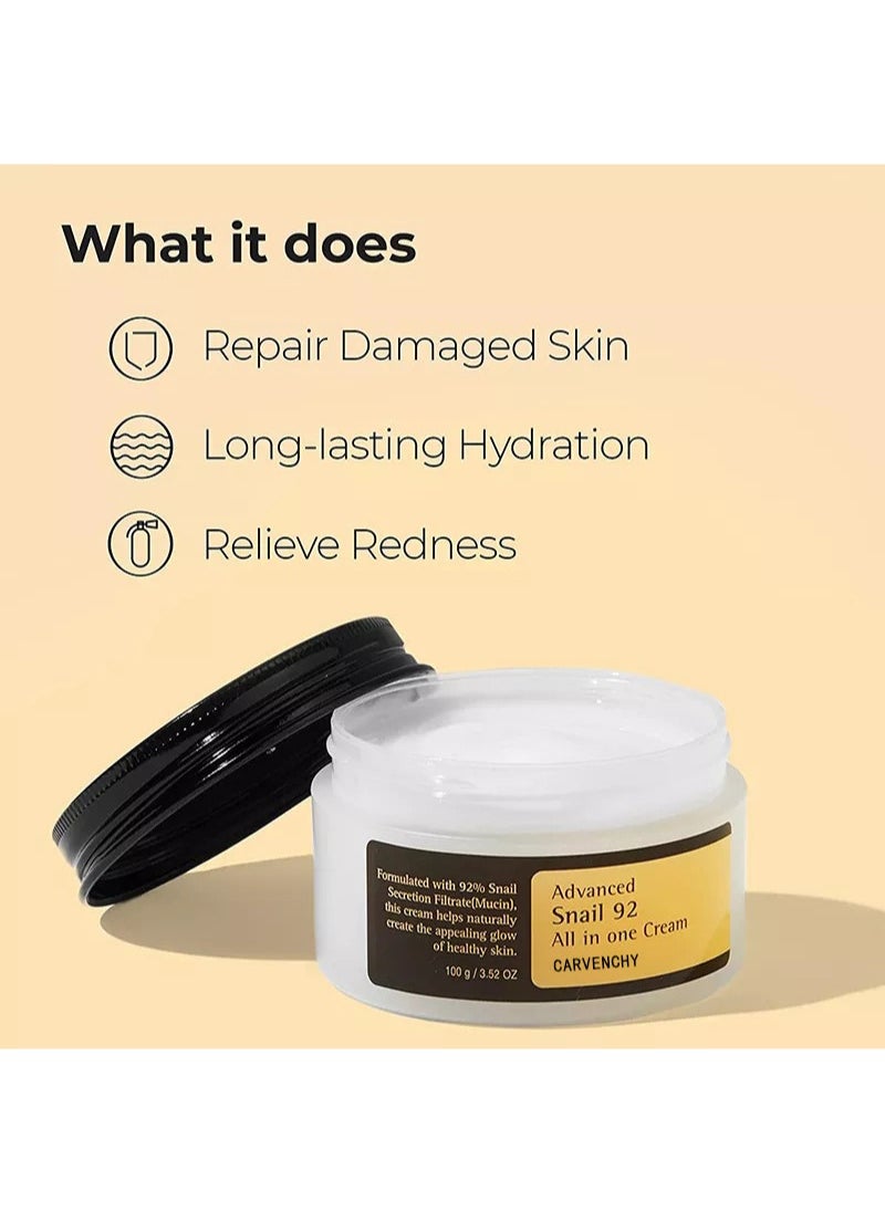 CARVENCHY - Advanced Snail 96 Mucin Power Essence+Advanced Snail 92 Repairing All in One Cream+Advanced Snail Peptide Eye Cream-Ultimate Glass Glow Moisturizing Set with Snail Mucus for Dry, Sensitive Skin - Image 1