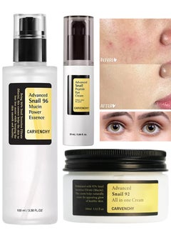 Advanced Snail 96 Mucin Power Essence+Advanced Snail 92 Repairing All in One Cream+Advanced Snail Peptide Eye Cream-Ultimate Glass Glow Moisturizing Set with Snail Mucus for Dry, Sensitive Skin