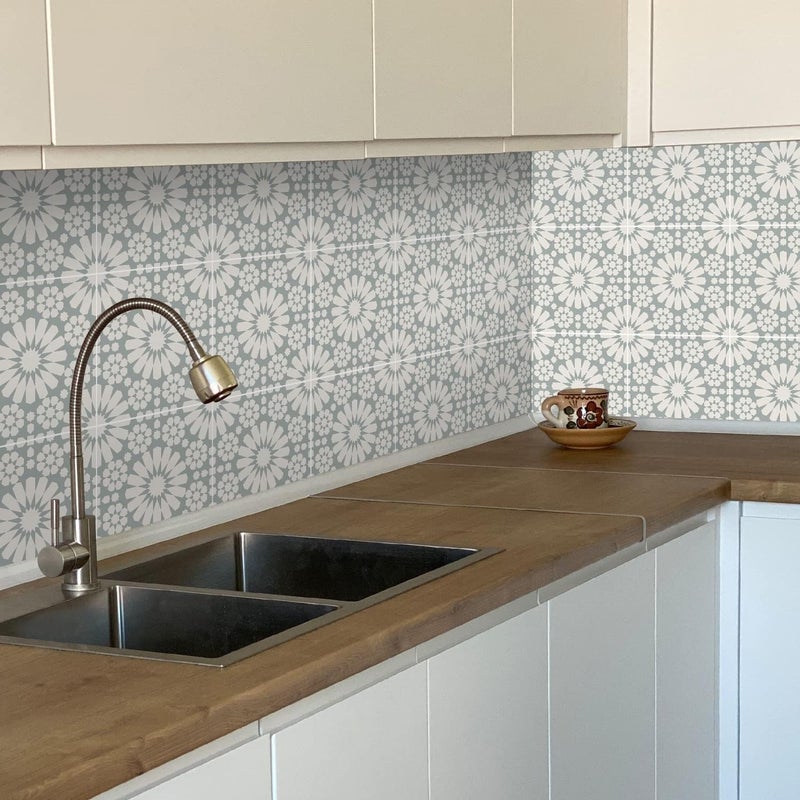 Alwayspon 12PcsX15cm/6inch Retro Gray Daisy Tile Sticker, Self Adhesive Stick on Tiles Transfer Sticker for Bathroom Kitchen, Splashback for Cooker, Peel and Stick Adhesive Vinyl Wall Tiles Sticker - Image 2