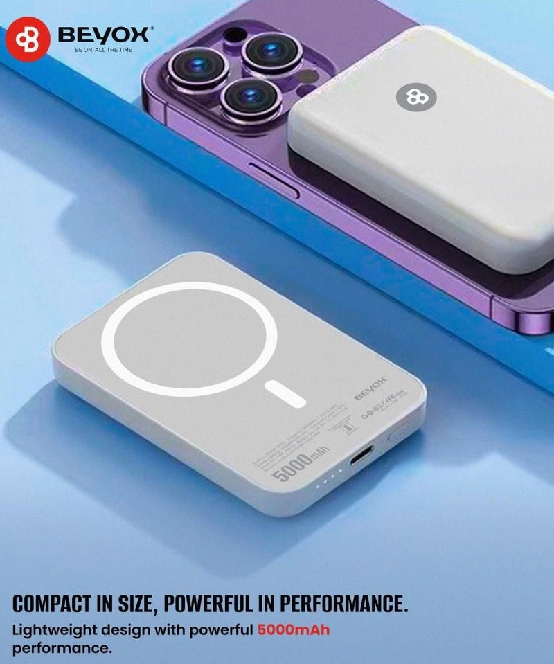 BEYOX BP05 5000mAh MagSafe Wireless Power Bank, Magnetic Portable Charger with Fast Wireless Charging, Compact Battery Pack for iPhone & MagSafe-Compatible Devices - Image 1