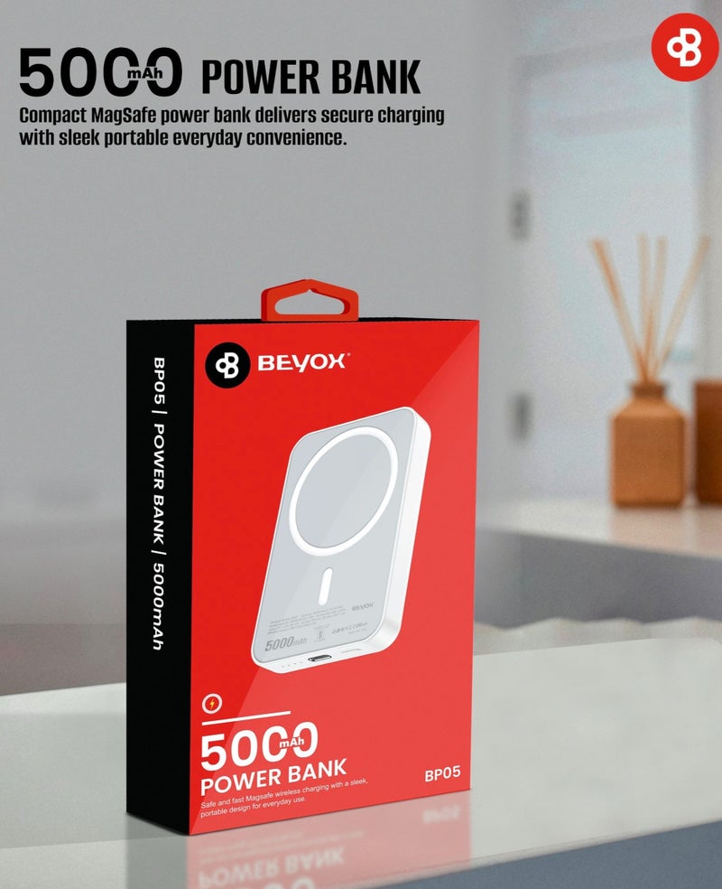 BEYOX BP05 5000mAh MagSafe Wireless Power Bank, Magnetic Portable Charger with Fast Wireless Charging, Compact Battery Pack for iPhone & MagSafe-Compatible Devices - Image 2