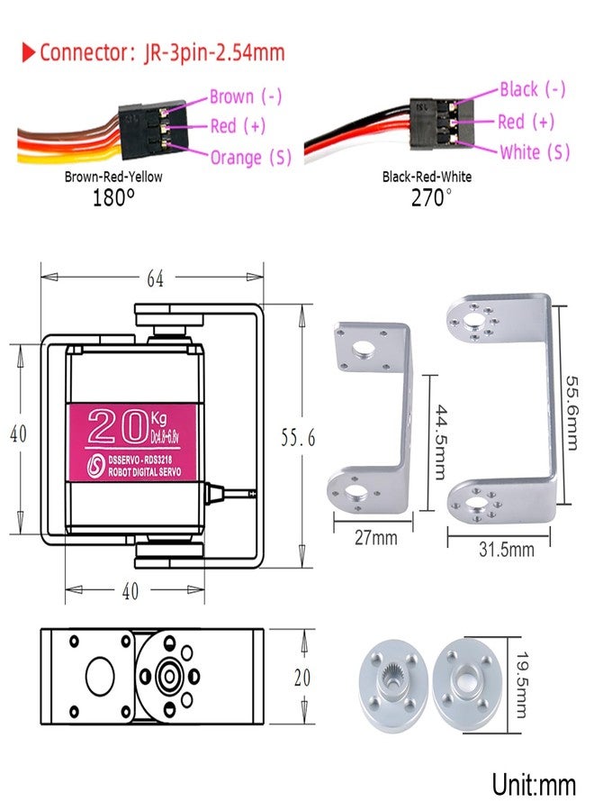 Wishiot RDS3218 20KG Servo Motor 180° Waterproof Full Metal Gear Steering Digital Servo Metal Bracket Double Bearing with U Mounting Bracket for RC Car Robot DIY 1/8 1/10 (20KG 180°) - Image 4