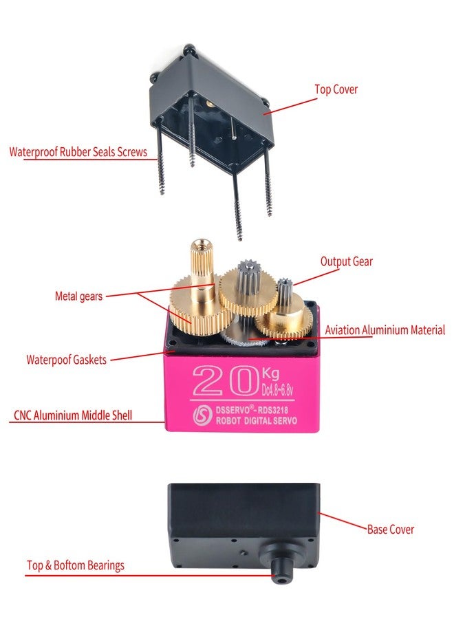 Wishiot RDS3218 20KG Servo Motor 180° Waterproof Full Metal Gear Steering Digital Servo Metal Bracket Double Bearing with U Mounting Bracket for RC Car Robot DIY 1/8 1/10 (20KG 180°) - Image 5