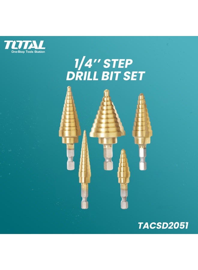 TOTAL TACSD2051 5-Piece HSS 4341 Industrial Step Drill Bit Set with 1/4" Hex Shank and Plastic Storage Case – Sizes 4-35mm for Metal and Wood Drilling - Image 1