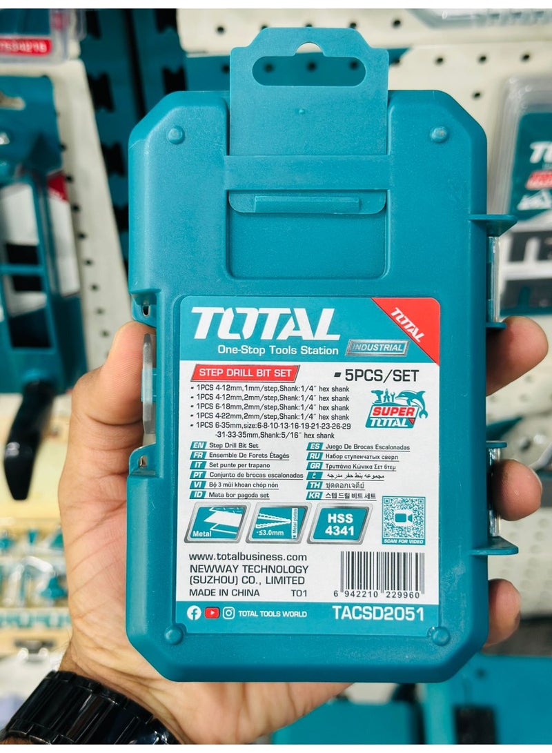 TOTAL TACSD2051 5-Piece HSS 4341 Industrial Step Drill Bit Set with 1/4" Hex Shank and Plastic Storage Case – Sizes 4-35mm for Metal and Wood Drilling - Image 4