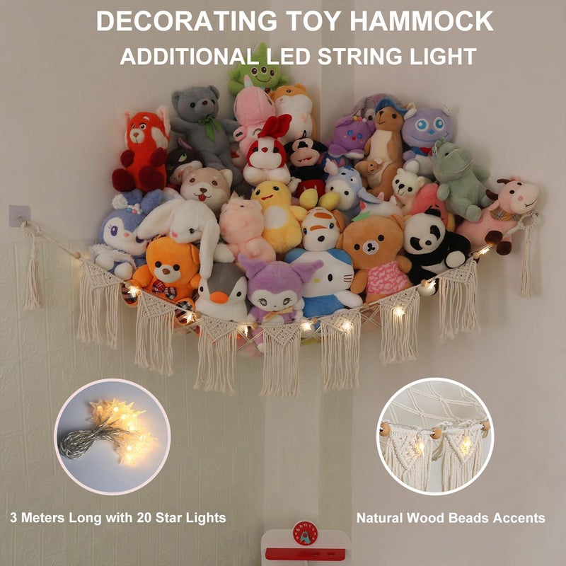 badigo Large Stuffed Animal Hammock or Net, Macrame Boho Toy Hammock with LED Light, Decorate Net for Stuffed Animals Corner, Space Saving Hanging Stuff Animal Organizer Holder for Kids Bedroom Playroom - Image 2