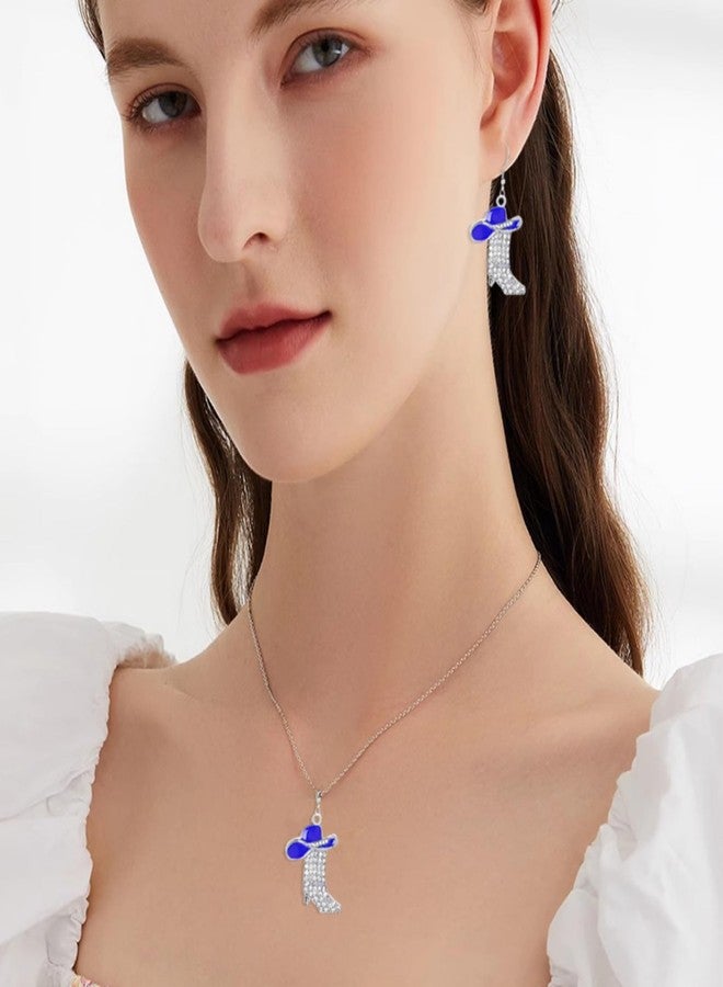 WCRAZYE 3PCS Western Boots Earrings Necklace Sets for Women Bohemian Cowgirl Cowboy Rodeo Hat Earrings Rhinestone Western Boots Necklace (Blue) - Image 4