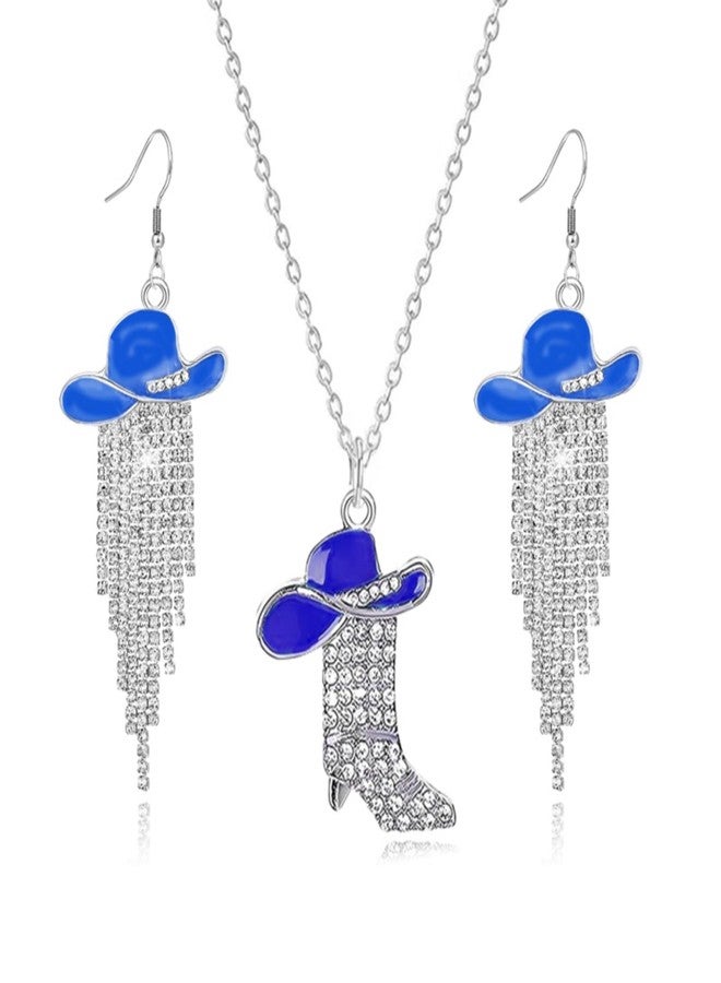 WCRAZYE 3PCS Western Boots Earrings Necklace Sets for Women Bohemian Cowgirl Cowboy Rodeo Hat Earrings Rhinestone Western Boots Necklace (Blue) - Image 1