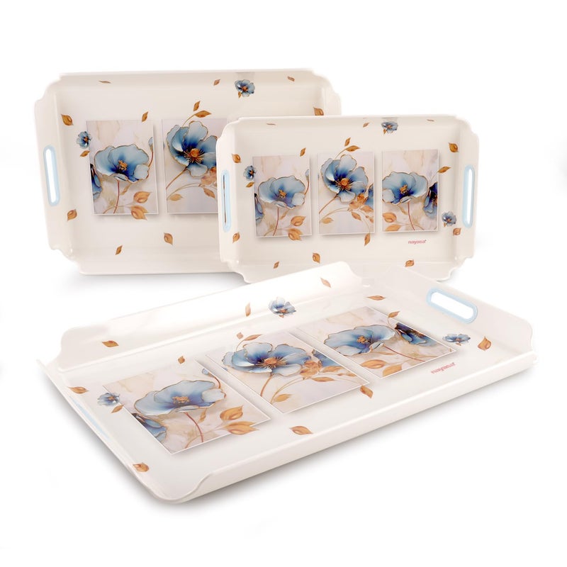 NAYASA Modern Plastic Rectangular Serving Tray Set of 3, Small, Medium & Large | Stylish Multipurpose Kitchen Tray for Tea, Coffee, Snacks, Fruits & Desserts | Blue - Image 3