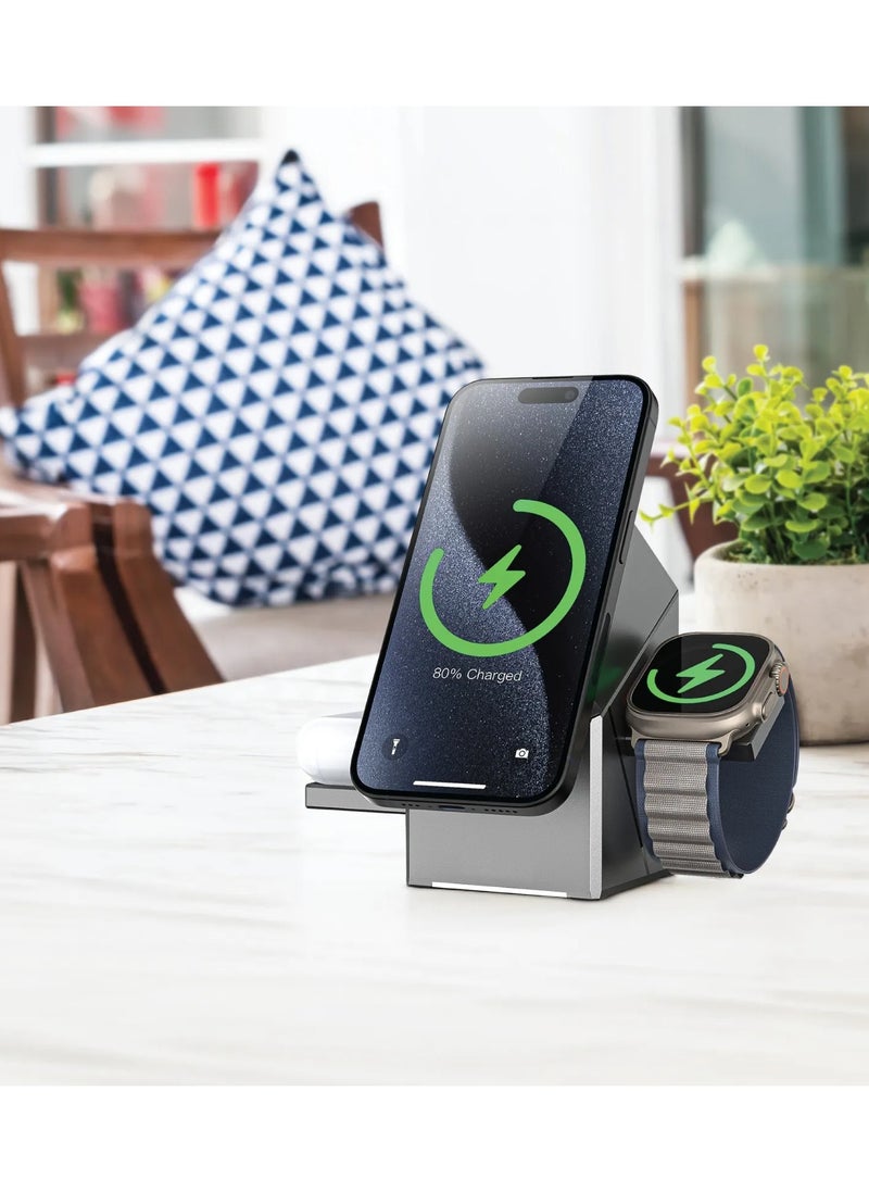 جرين ليون - شاحن لاسلكي Power Trio 3 في 1 / محطة شحن MagSafe / هاتف/ساعة/سماعات/دوران تلقائي/شحن سريع 15 وات/تصميم منبثق/مغناطيس N52 مدمج فائق الجودة/سهل الاستخدام/ميزات أمان - رمادي - Image 1