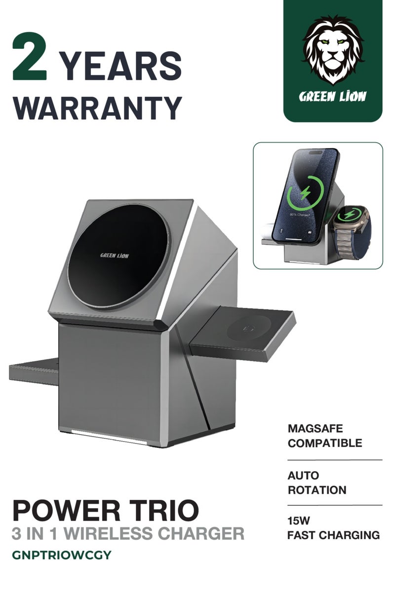 جرين ليون شاحن لاسلكي Power Trio 3 في 1 / محطة شحن MagSafe / هاتف/ساعة/سماعات/دوران تلقائي/شحن سريع 15 وات/تصميم منبثق/مغناطيس N52 مدمج فائق الجودة/سهل الاستخدام/ميزات أمان - رمادي - Image 1