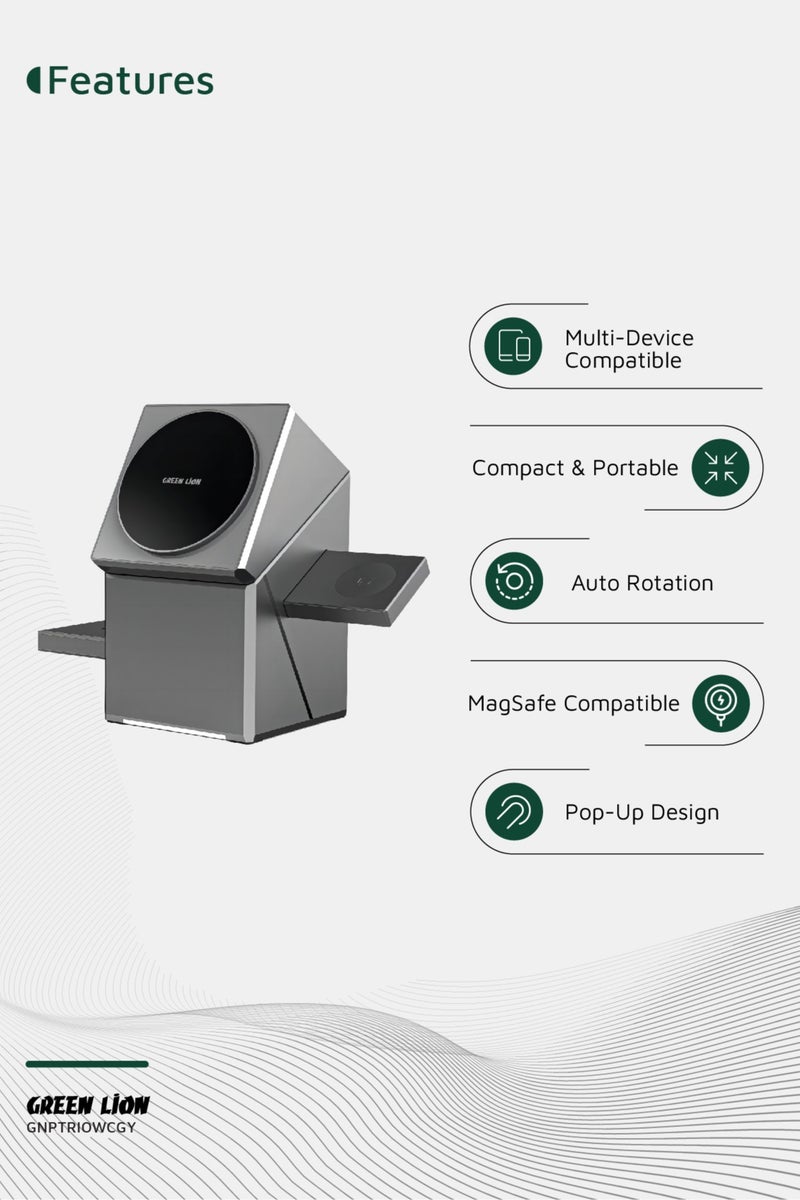 جرين ليون شاحن لاسلكي Power Trio 3 في 1 / محطة شحن MagSafe / هاتف/ساعة/سماعات/دوران تلقائي/شحن سريع 15 وات/تصميم منبثق/مغناطيس N52 مدمج فائق الجودة/سهل الاستخدام/ميزات أمان - رمادي - Image 2