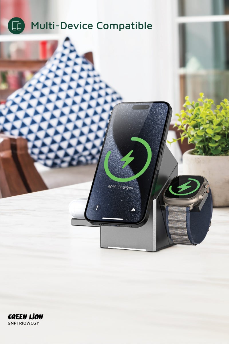 جرين ليون شاحن لاسلكي Power Trio 3 في 1 / محطة شحن MagSafe / هاتف/ساعة/سماعات/دوران تلقائي/شحن سريع 15 وات/تصميم منبثق/مغناطيس N52 مدمج فائق الجودة/سهل الاستخدام/ميزات أمان - رمادي - Image 3