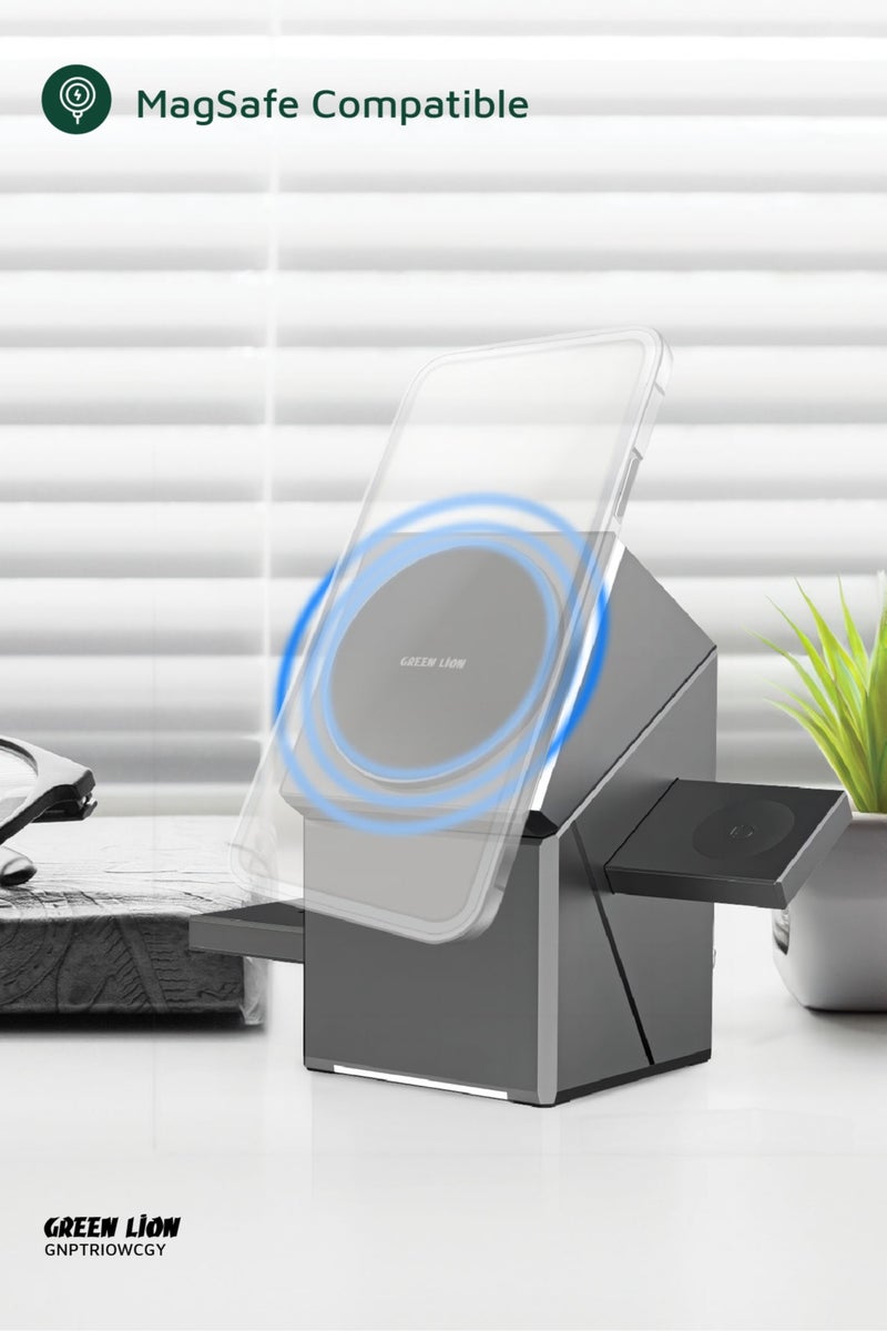 جرين ليون شاحن لاسلكي Power Trio 3 في 1 / محطة شحن MagSafe / هاتف/ساعة/سماعات/دوران تلقائي/شحن سريع 15 وات/تصميم منبثق/مغناطيس N52 مدمج فائق الجودة/سهل الاستخدام/ميزات أمان - رمادي - Image 4