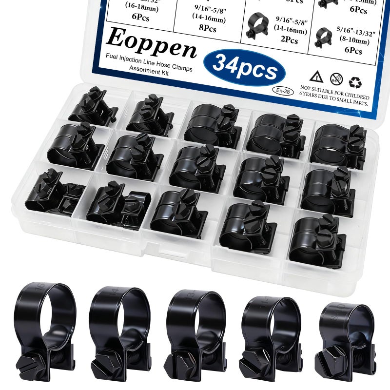 Eoppen 34Pcs 5 Sizes 8-18mm Fuel Line Clamp Assortment Kit, 1/4Inch 5/16Inch 3/8Inch Black Fuel Injection Gas Line Hose Clamps for Diesel Petrol Pipe - Image 1