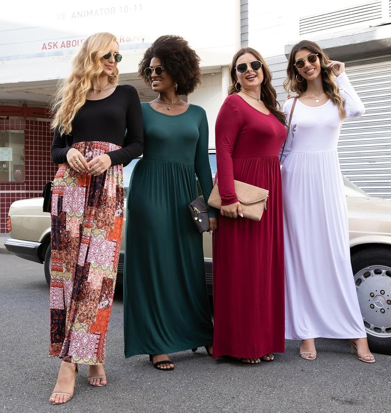Women's Long Sleeve Loose Plain Maxi Dress with Pockets - White - Image 3