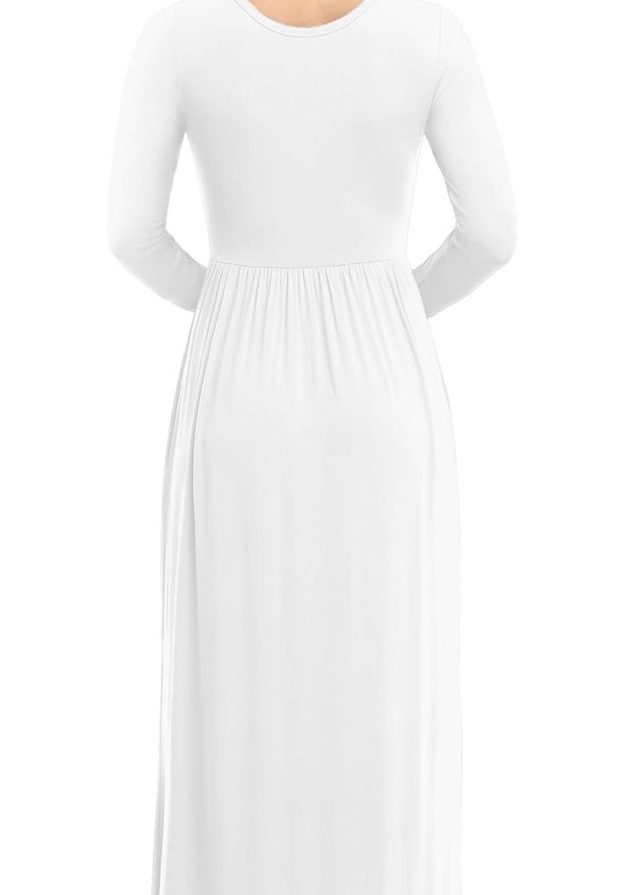 Women's Long Sleeve Loose Plain Maxi Dress with Pockets - White - Image 4