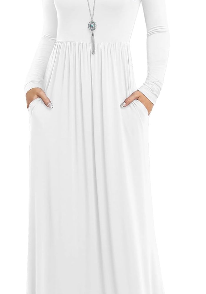 Women's Long Sleeve Loose Plain Maxi Dress with Pockets - White - Image 1