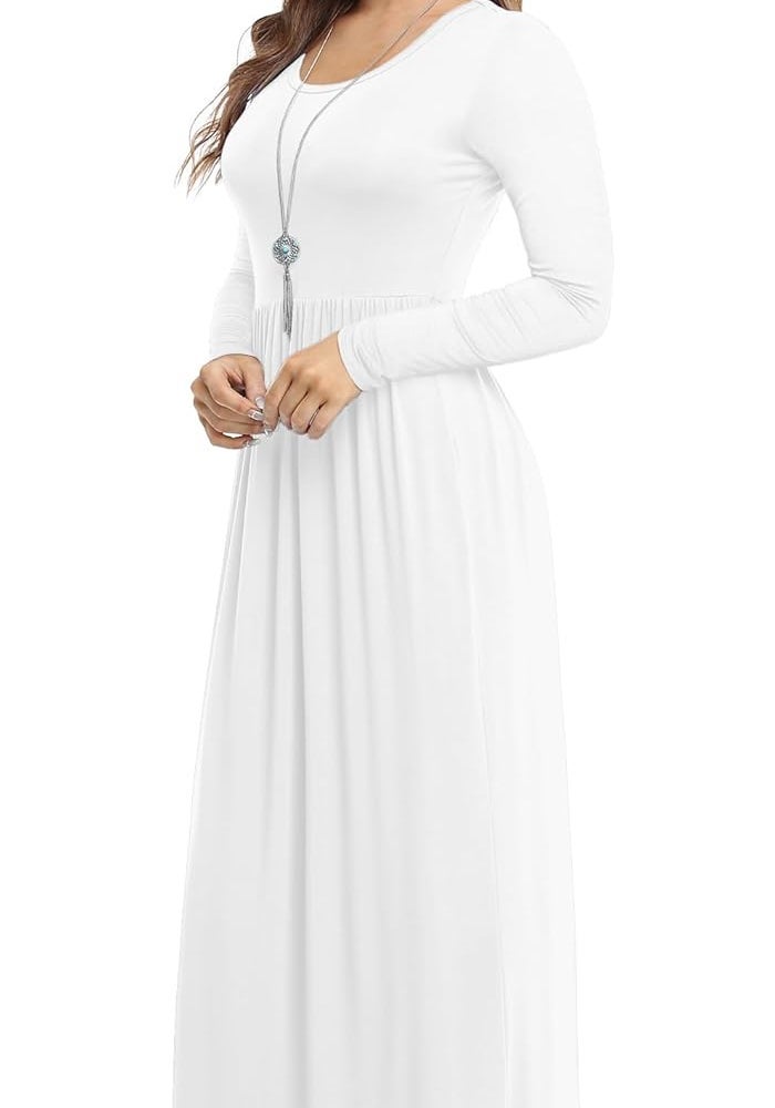 Women's Long Sleeve Loose Plain Maxi Dress with Pockets - White - Image 2