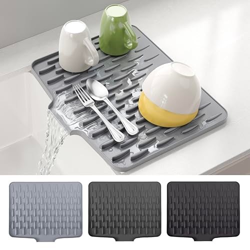 CHIKILLA Silicone Dish Drying Mat for Kitchen Counter Fast Drainage Design for Vegetables Fruits Heat Resistant NonSlip Dishwasher Safe 157x13 inch Silk Gray - Image 1