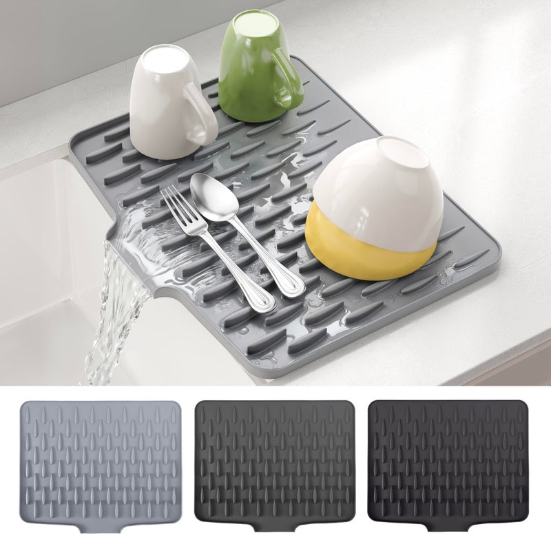CHIKILLA Silicone Dish Drying Mat for Kitchen Counter Fast Drainage Design for Vegetables Fruits Heat Resistant NonSlip Dishwasher Safe 157x13 inch Silk Gray - Image 2