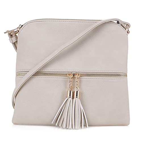SG SUGU Lightweight Medium Crossbody Bag Shoulder Bag with Tassel and Zipper Pocket (Beige) - Image 1
