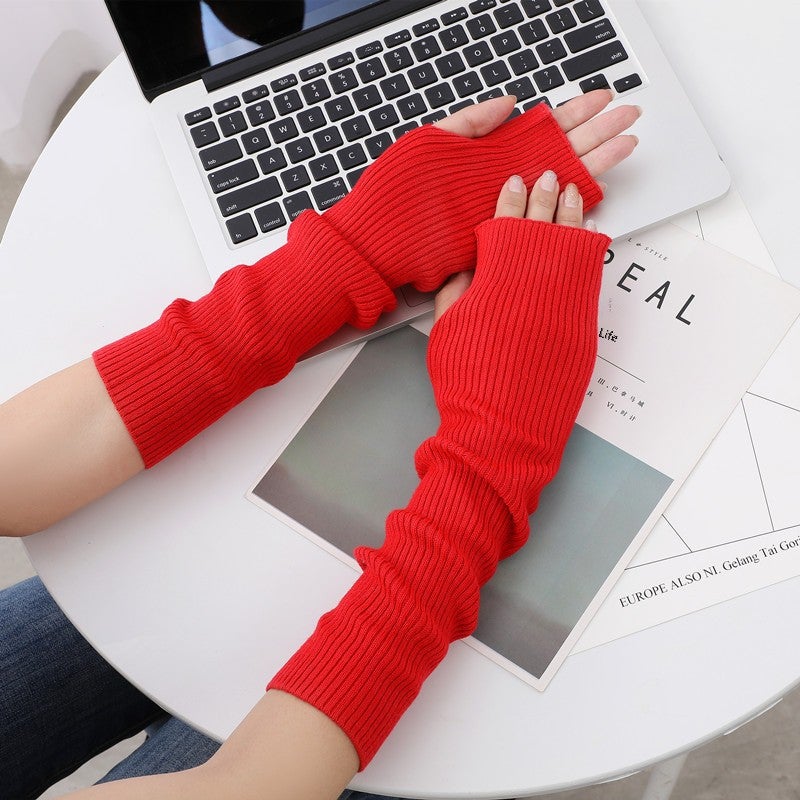 Fashion Knitted Fingerless Long Arm Warmers Red 