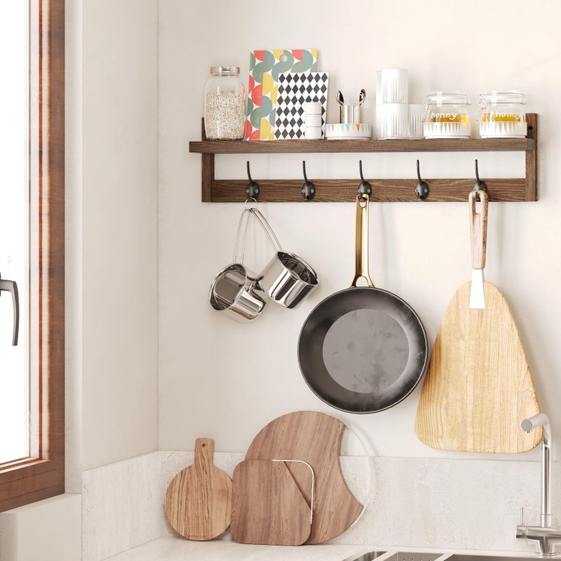 AMBIRD 28.9 Inch Length Shelf with Hooks Entryway Coat Rack Wall Mount Wood Coat Hooks with Shelf Wall-Mounted Coat Hook Rack with 5 Dual Hooks for Bathroom, Living Room, Bedroom (Brown) - Image 5