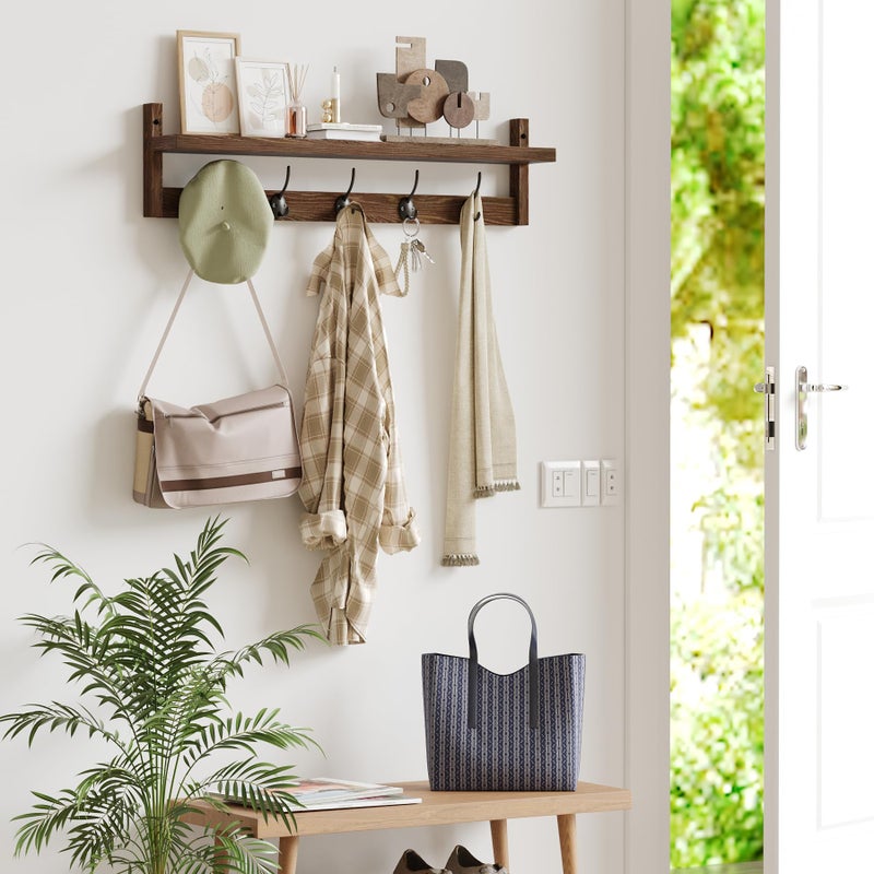 AMBIRD 28.9 Inch Length Shelf with Hooks Entryway Coat Rack Wall Mount Wood Coat Hooks with Shelf Wall-Mounted Coat Hook Rack with 5 Dual Hooks for Bathroom, Living Room, Bedroom (Brown) - Image 3