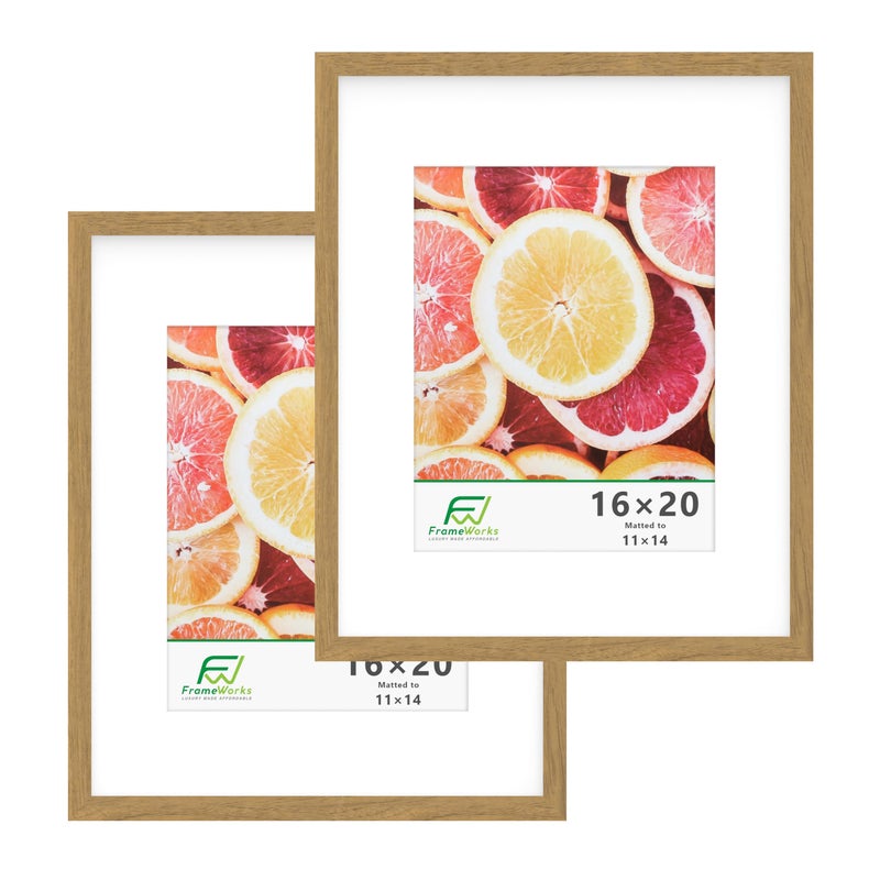 FrameWorks 2Pack 16x20 Matted to 11x14 Picture Frame Golden Oak  Classic Wooden Photo Frame with Tempered Glass Modern Matte Finish for Prints Posters Certificates  Wall Decor  GalleryReady