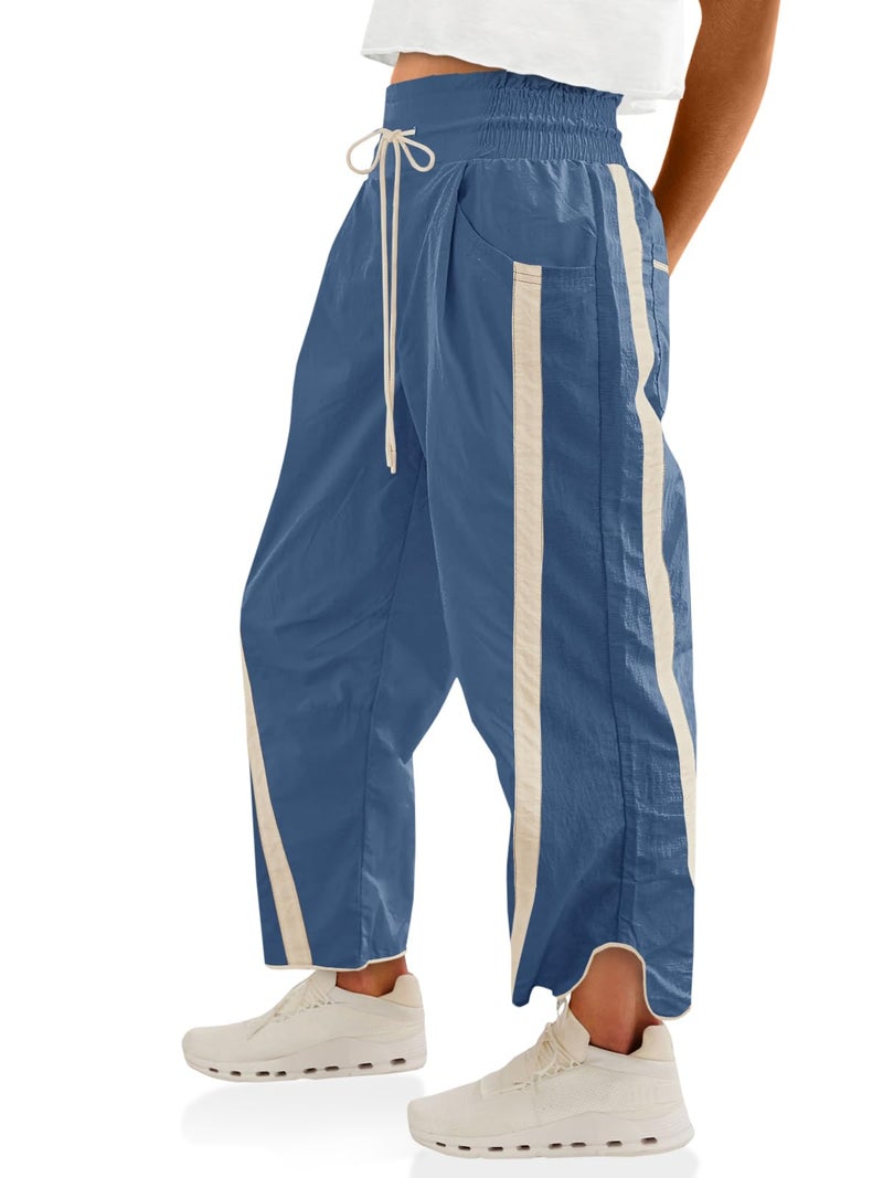 Fisoew Women's Baggy Wide Leg Pants Casual Drawstring Elastic Waisted Contrast Color Workout Y2K Track Pants Blue - Image 1