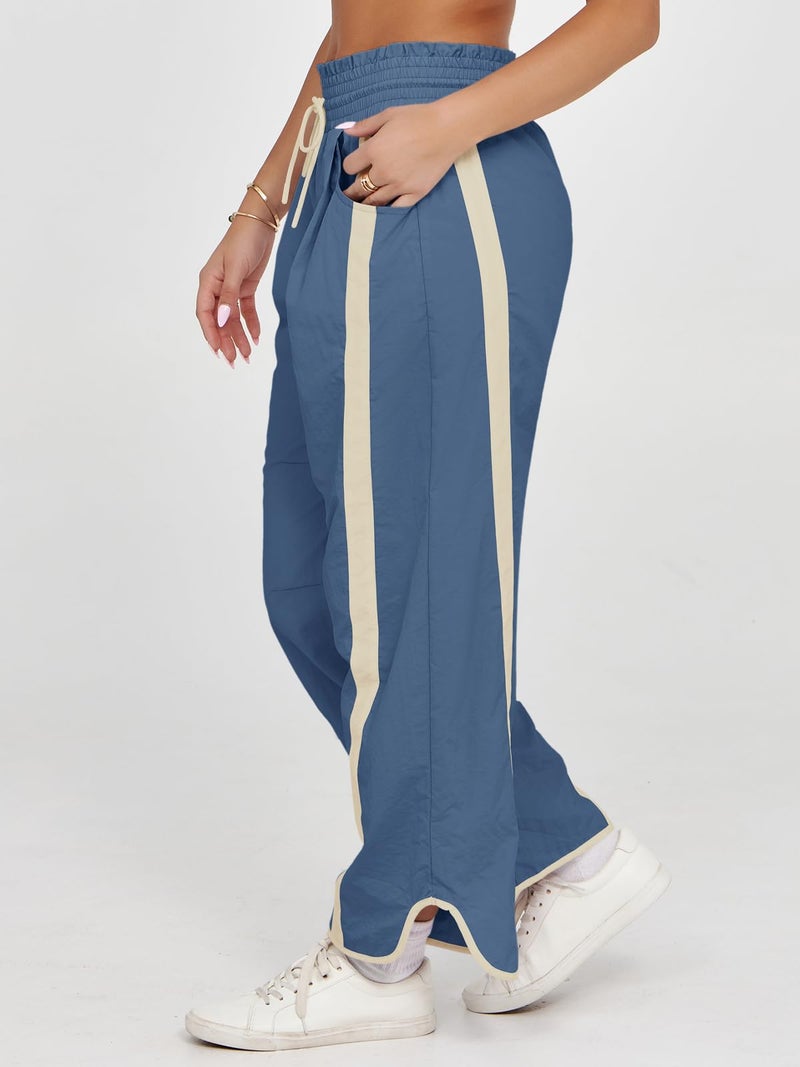 Fisoew Women's Baggy Wide Leg Pants Casual Drawstring Elastic Waisted Contrast Color Workout Y2K Track Pants Blue - Image 2