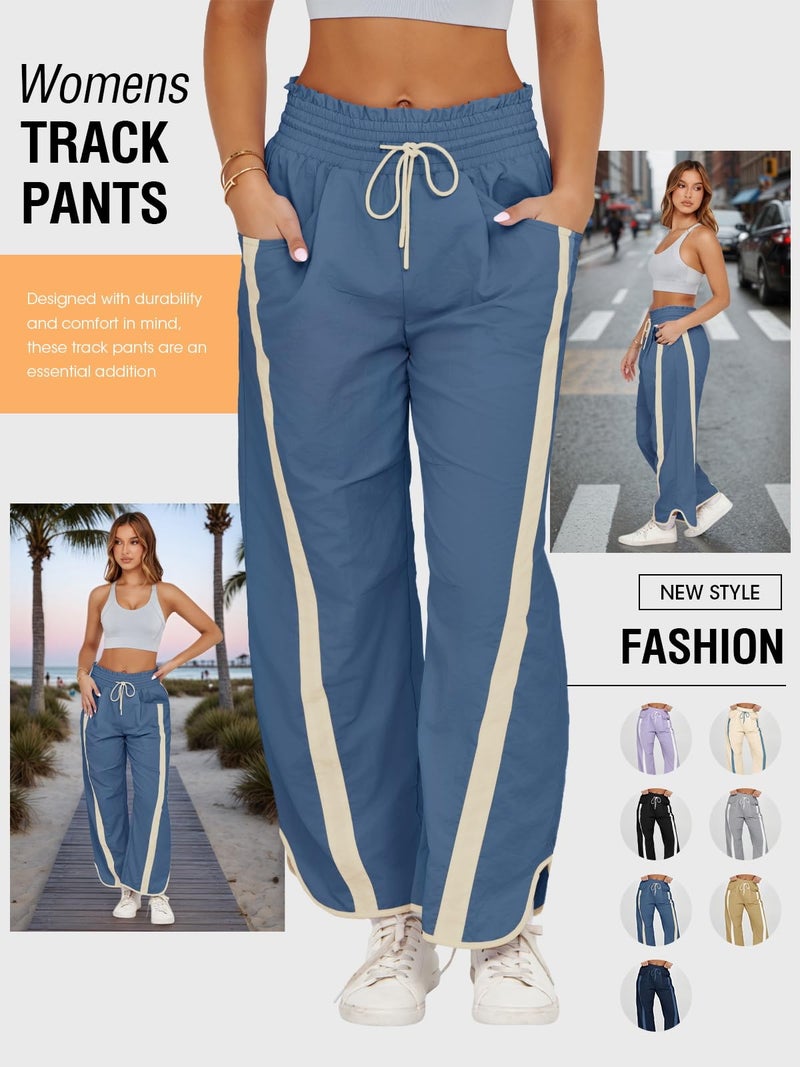 Fisoew Women's Baggy Wide Leg Pants Casual Drawstring Elastic Waisted Contrast Color Workout Y2K Track Pants Blue - Image 4