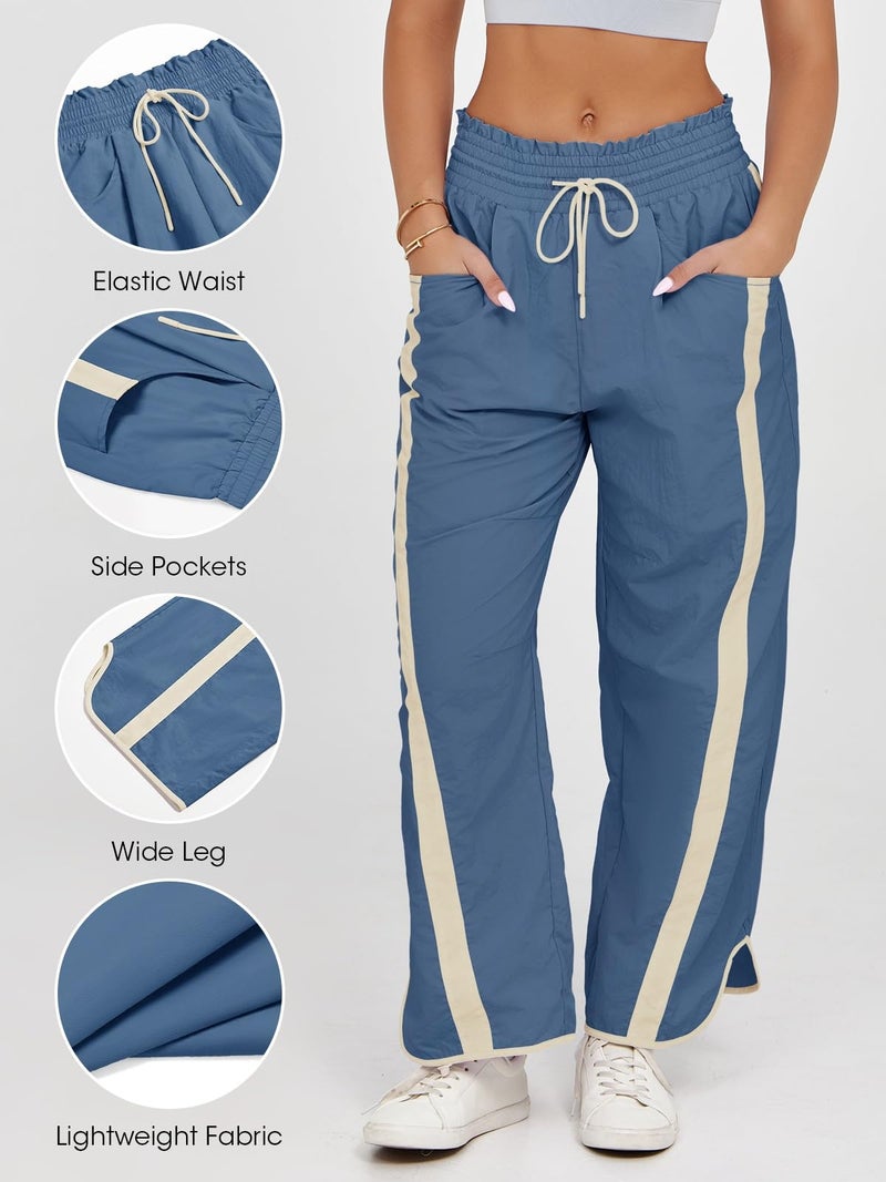 Fisoew Women's Baggy Wide Leg Pants Casual Drawstring Elastic Waisted Contrast Color Workout Y2K Track Pants Blue - Image 3