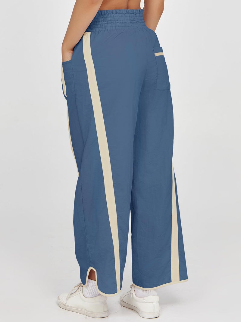Fisoew Women's Baggy Wide Leg Pants Casual Drawstring Elastic Waisted Contrast Color Workout Y2K Track Pants Blue - Image 5
