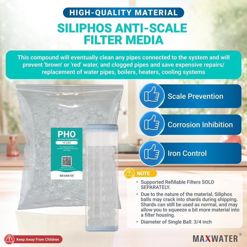Max Water Siliphos Anti-Scale Filter Media Bag variation (10 LB) compatible with Refillable Phosphate Anti-Scale Water Filters - Good for Scale Prevention, Corrosion Inhibition and Iron Control - Image 2