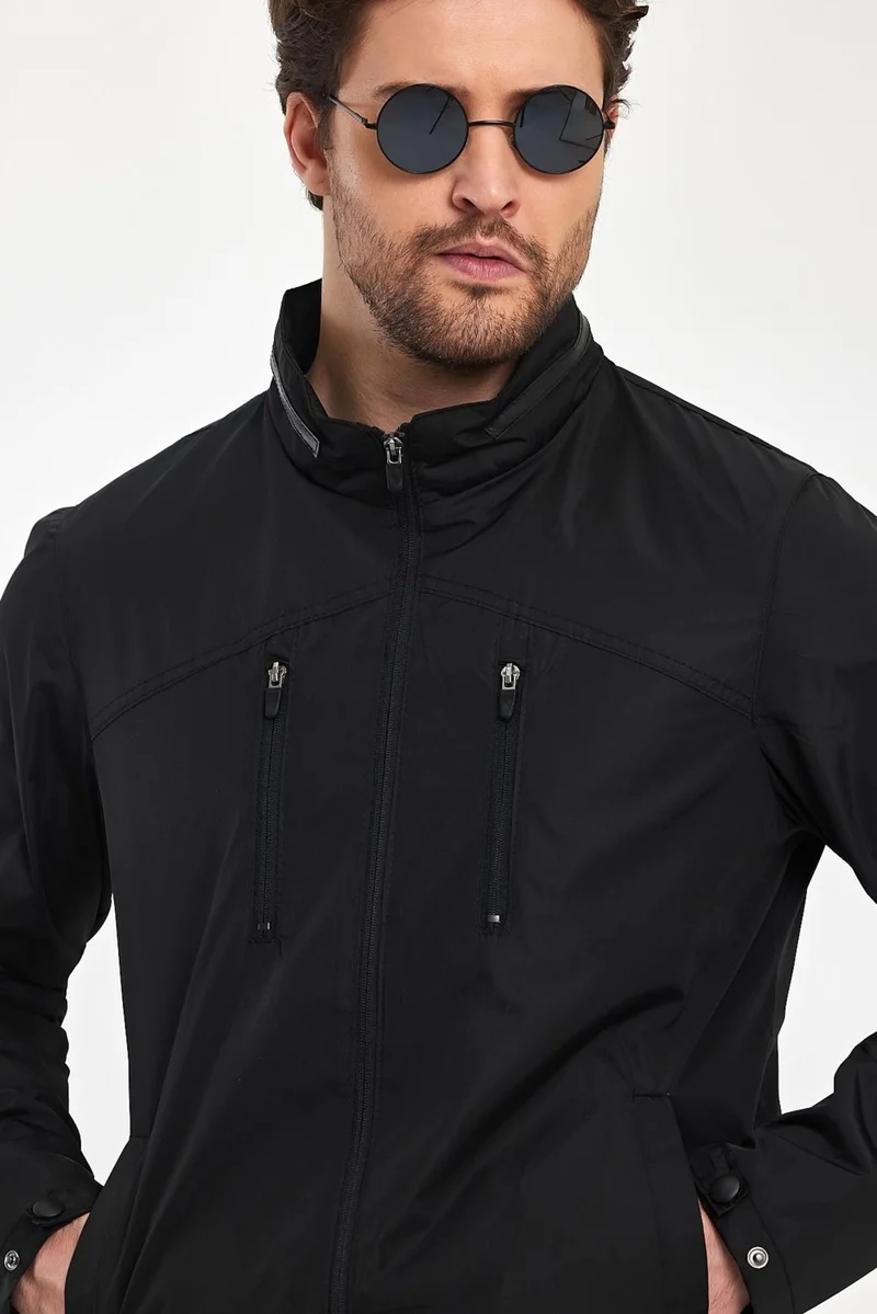 سيفيست Men's Black Stand Collar Multi-Pocket Water and Wind Repellent Seasonal Coat & Jacket