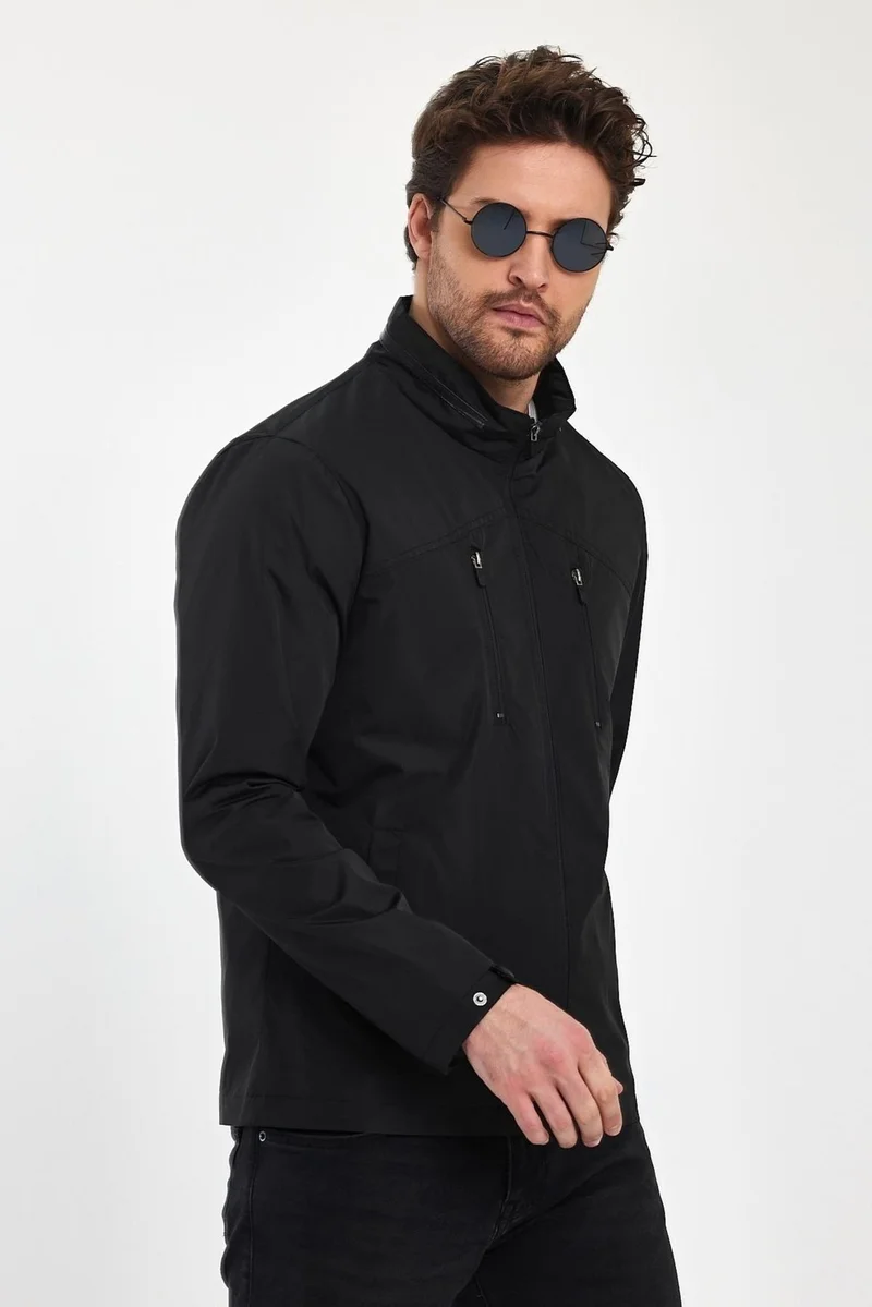 سيفيست Men's Black Stand Collar Multi-Pocket Water and Wind Repellent Seasonal Coat & Jacket