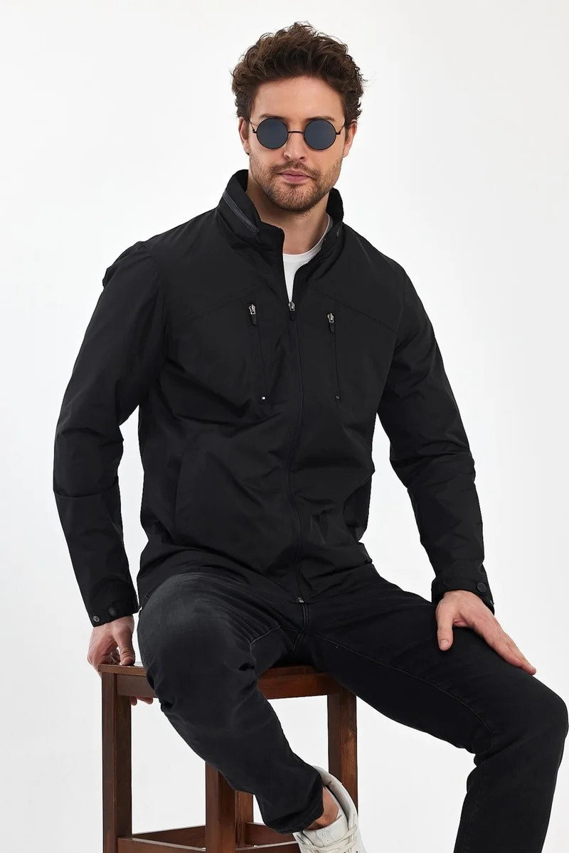 سيفيست Men's Black Stand Collar Multi-Pocket Water and Wind Repellent Seasonal Coat & Jacket